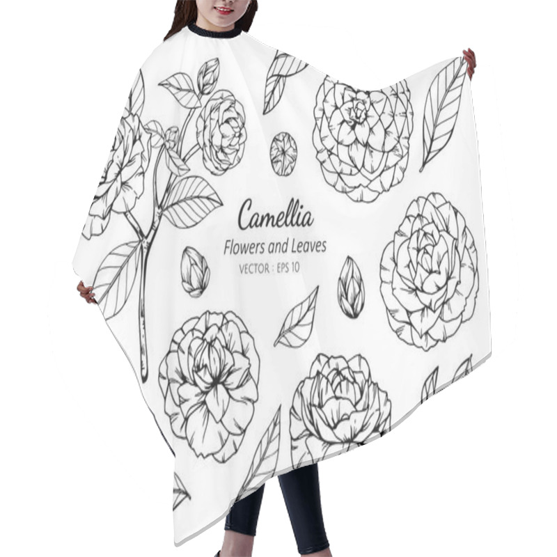 Personality  Collection Set Of Camellia Flower And Leaves Drawing. Hair Cutting Cape