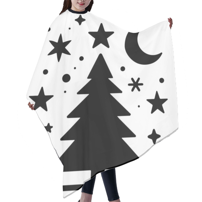 Personality  This Festive Vector Illustration Features A Stylized Christmas Tree Surrounded By Various Holiday-themed Elements, Including Snowflakes, Stars, And Decorative Dots. The Black And White Design Is Perfect For Holiday Greeting Cards, Seasonal Decoration Hair Cutting Cape