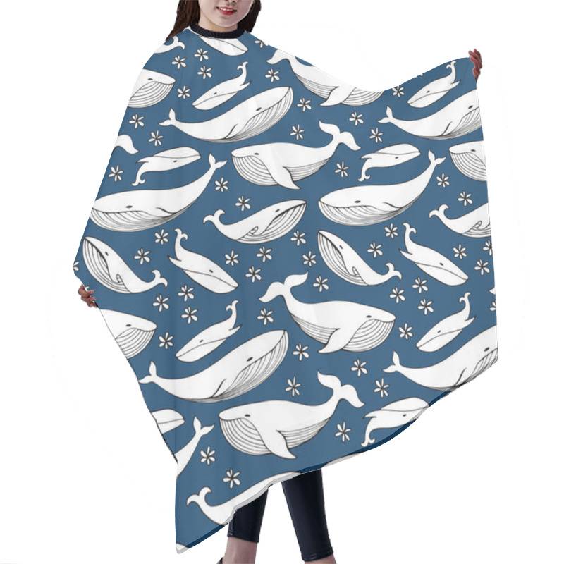 Personality  Cartoon Hand Drawn Whales. Monochrome Vector Seamless Pattern. Hair Cutting Cape