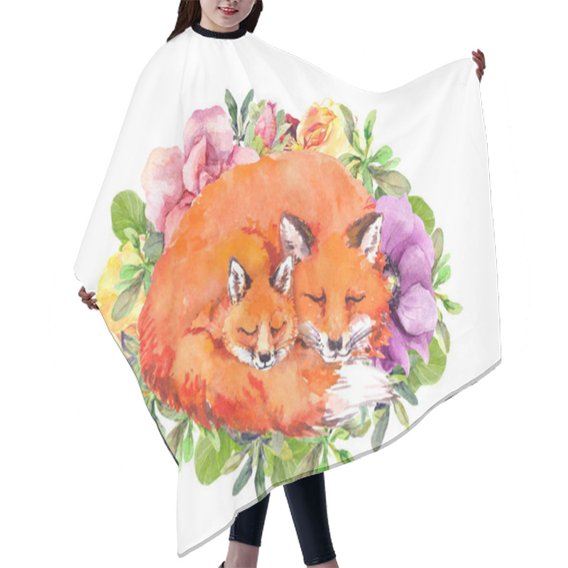 Personality  Cute Sleeping Foxes - Mother And Child. Happy Mothers Day Greeting Card Card For Mom With Adorable Animal In Flowers. Watercolor Hair Cutting Cape