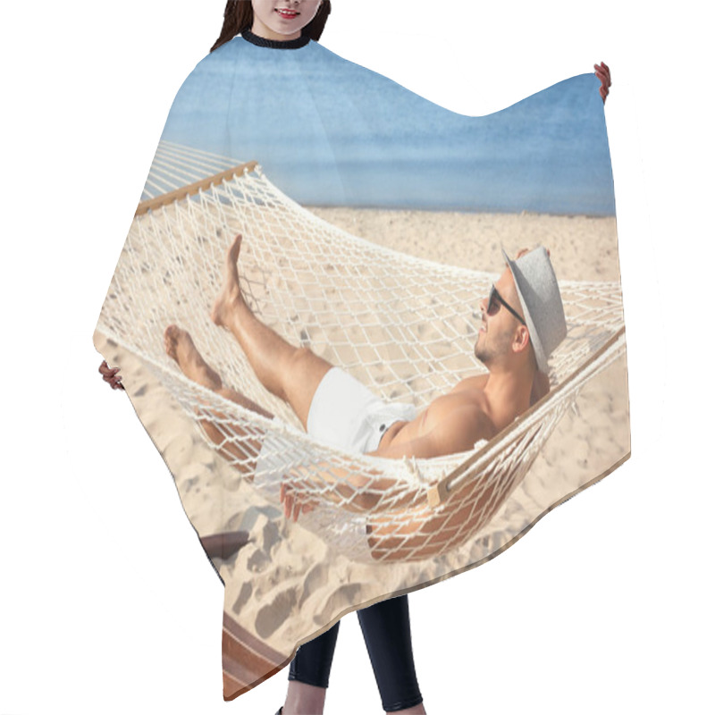 Personality  Young Man Relaxing In Hammock On Beach Hair Cutting Cape