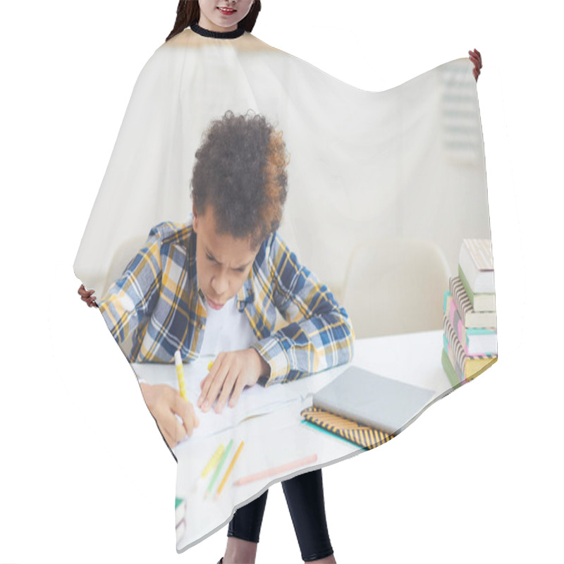 Personality  Portrait Of African-American Boy Studying At Home While Sitting At Desk In Minimal Interior, Copy Space Hair Cutting Cape