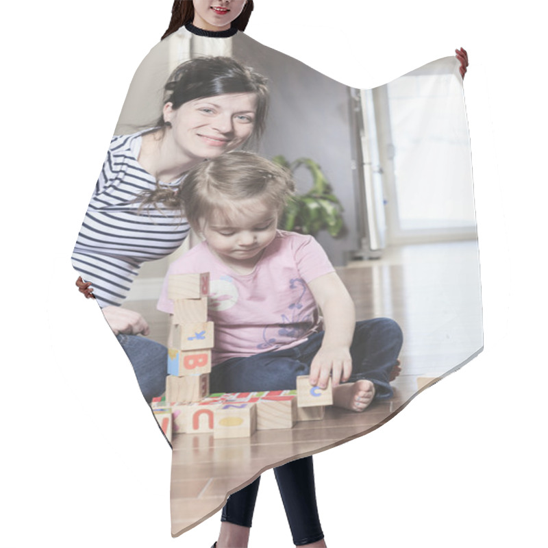 Personality  Relaxed Mother And Daughter Playing With Building Blocks On Wood Hair Cutting Cape