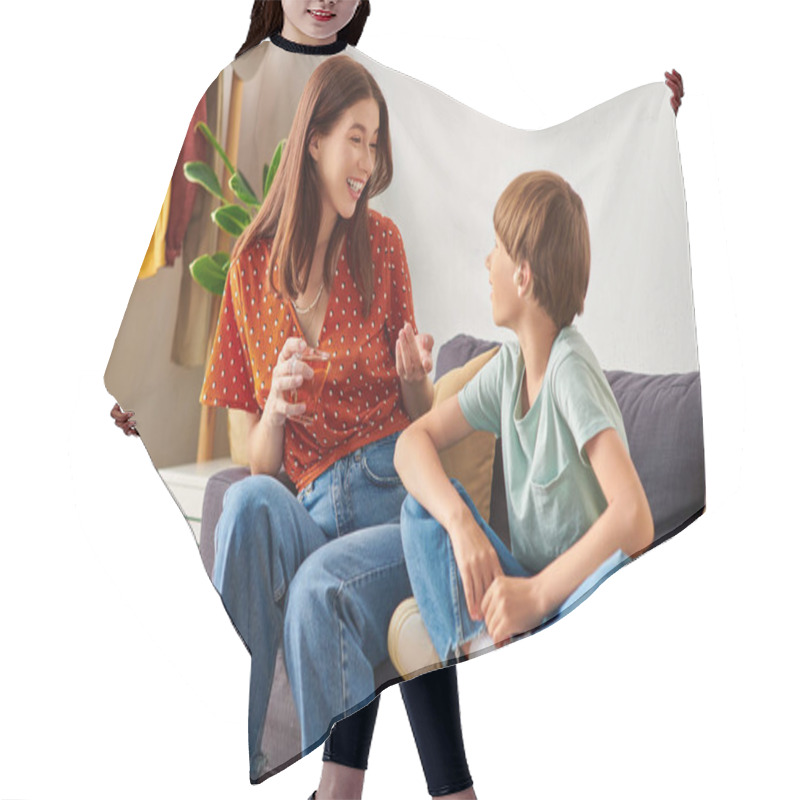 Personality  A Loving Moment Shared Between A Mother And Her Hearing Impaired Son. Hair Cutting Cape