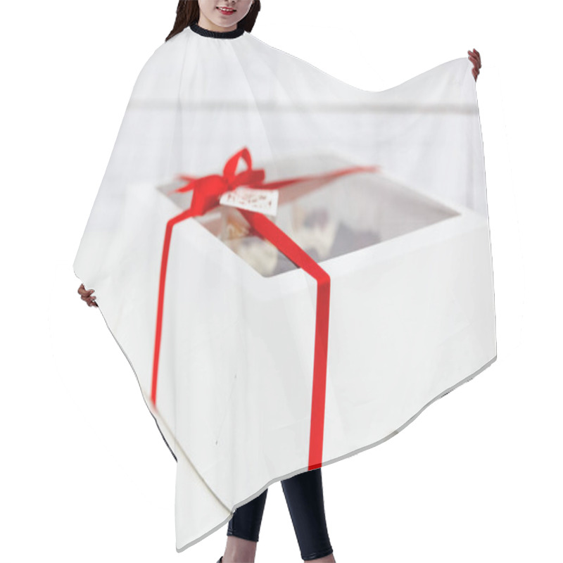 Personality  Cupcakes In A White Box With A Red Ribbon On A White Background Hair Cutting Cape