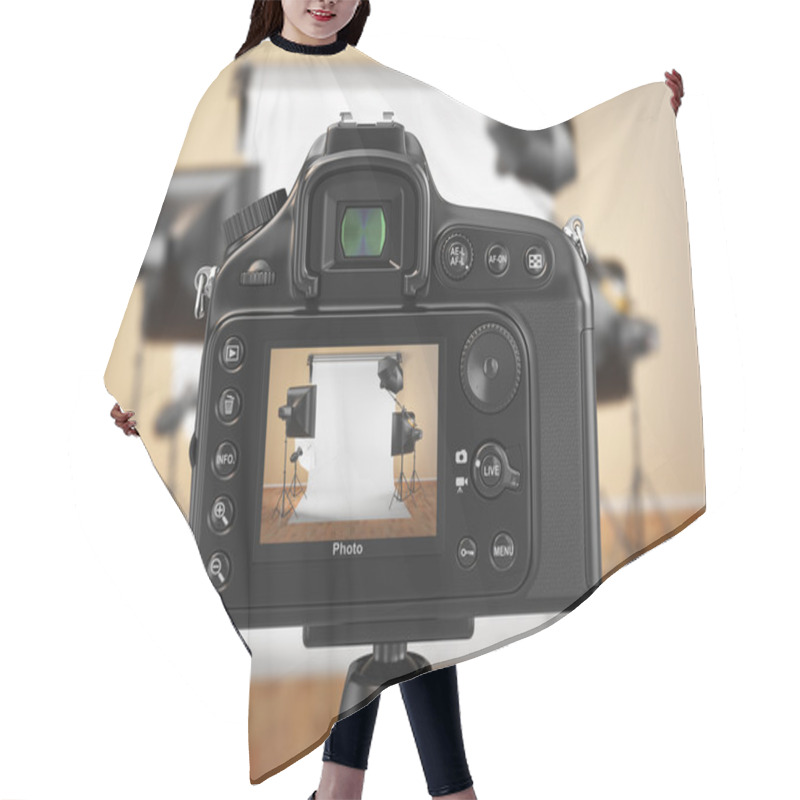 Personality  Digital Photo Camera In Studio With Softbox And Flashes. Hair Cutting Cape