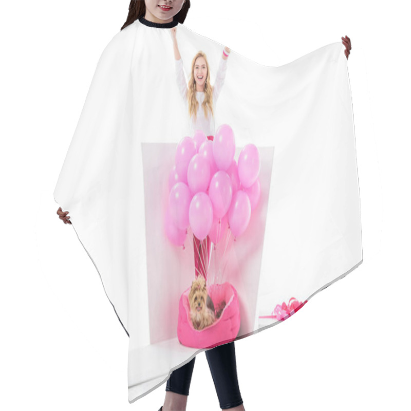 Personality  Happy Young Woman By Gift Box With Yorkie Dog And Pink Balloons Isolated On White Hair Cutting Cape