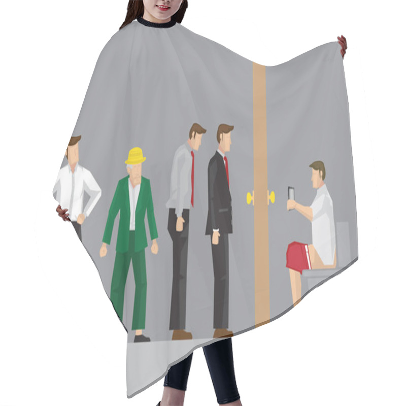 Personality  Toilet Queue Line Vector Cartoon Illustration Hair Cutting Cape