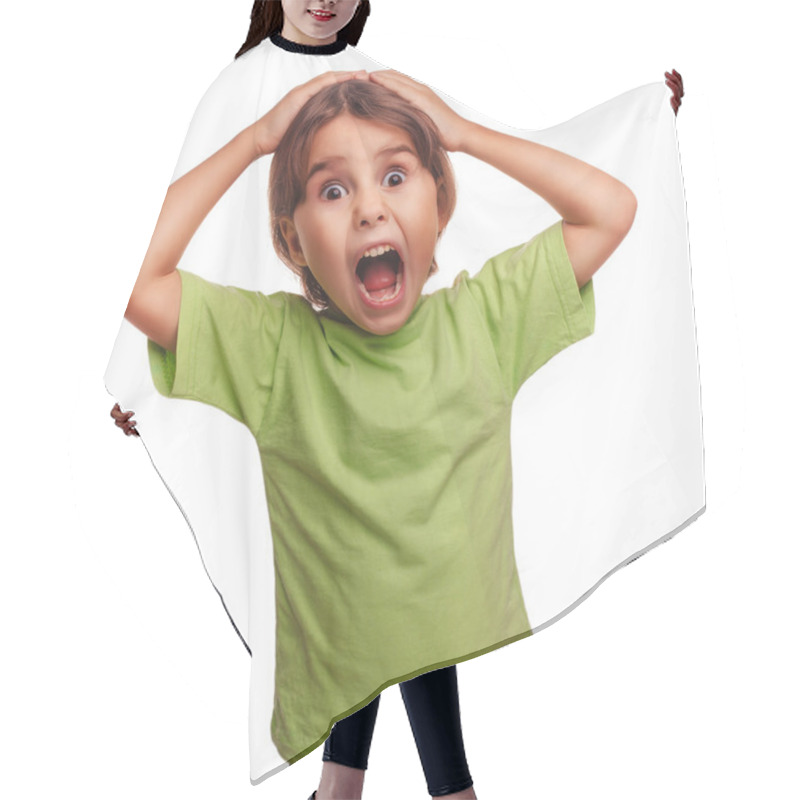 Personality  Teen Girl Scared Child Opened Her Mouth Feels Fear And Horror Is Hair Cutting Cape