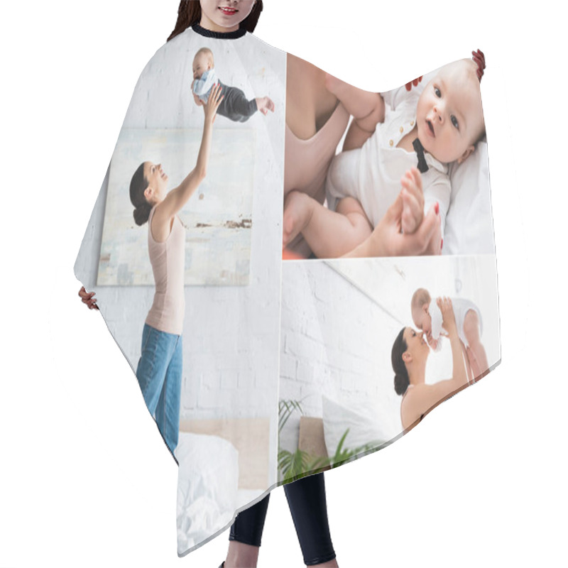 Personality  Collage Of Mother In Jeans Holding In Arms Cute Infant Baby In Bedroom  Hair Cutting Cape