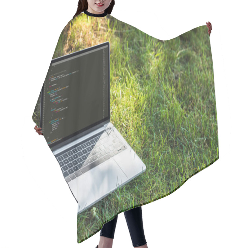 Personality  Close Up View Of Laptop With Programming Language Code On Grass Outdoors Hair Cutting Cape