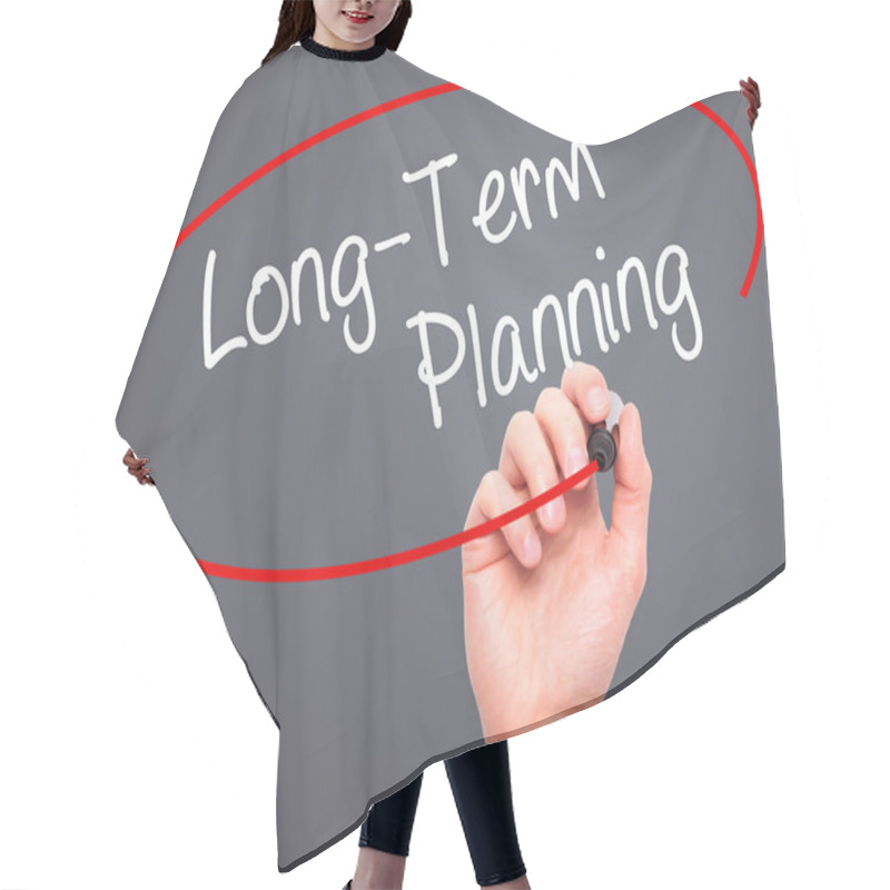 Personality  Man Hand Writing  Long-Term Planning With Black Marker On Visual Hair Cutting Cape