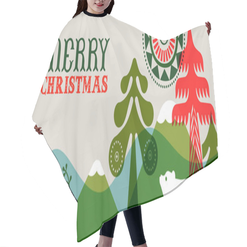 Personality  Merry Christmas Greeting Card Illustration Of Traditional Folk Art Style Pine Tree Forest And Winter Animals. Geometric Retro Nordic Design For Holiday Celebration.  Hair Cutting Cape