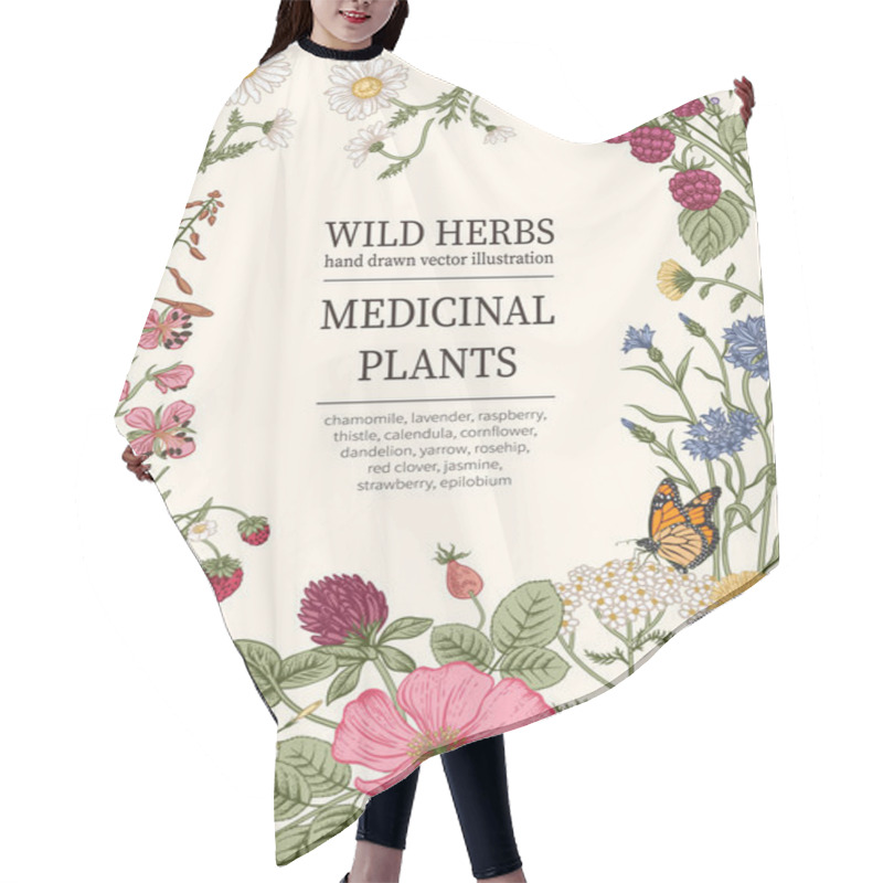 Personality  Wild Flowers. Herbal Tea. Vector Illustration. Hair Cutting Cape