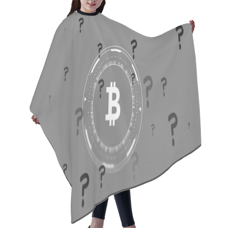 Personality  Bitcoin Symbol Surrounded By Question Marks, Digital Currency Uncertainty Concept. Cryptocurrency, Blockchain, Finance, Investment, Technology, Virtual Hair Cutting Cape