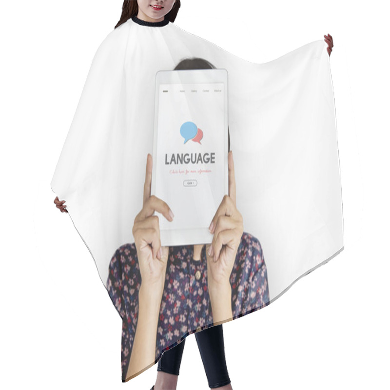 Personality  Woman Holding Digital Tablet Covering Face Hair Cutting Cape