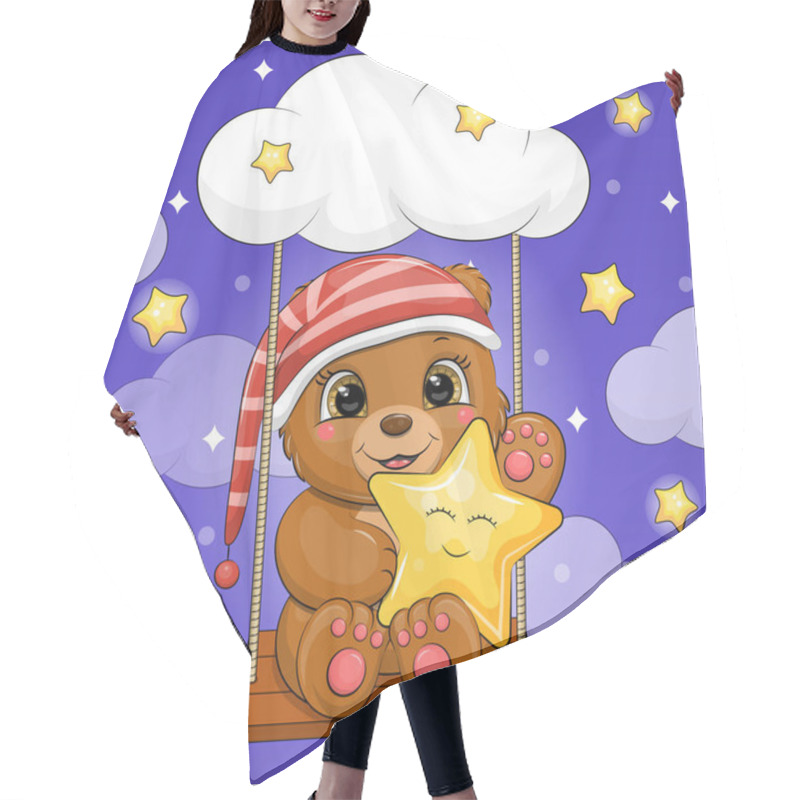 Personality  A Cute Cartoon Brown Bear In A Red Nightcap Holds A Yellow Star And Sits On A Swing. Night Vector Illustration Of An Animal On A Dark Blue Background With Clouds And Stars. Hair Cutting Cape