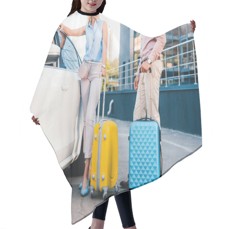 Personality  Partial View Of Husband And Wife With Baggage Standing At Car On Parking Hair Cutting Cape