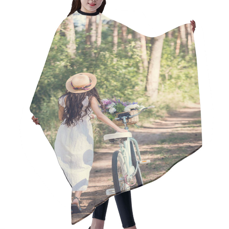 Personality  Back View Of Girl In Straw Hat And White Dress Walking With Bicycle And Flowers In Wicker Basket Hair Cutting Cape