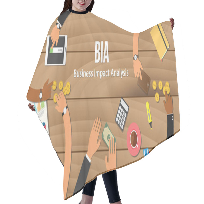 Personality  Bia Business Impact Analysis Illustration Team Work Together With Hand On Wooden Table With Money Graph Paper Work Gold Coin Hair Cutting Cape