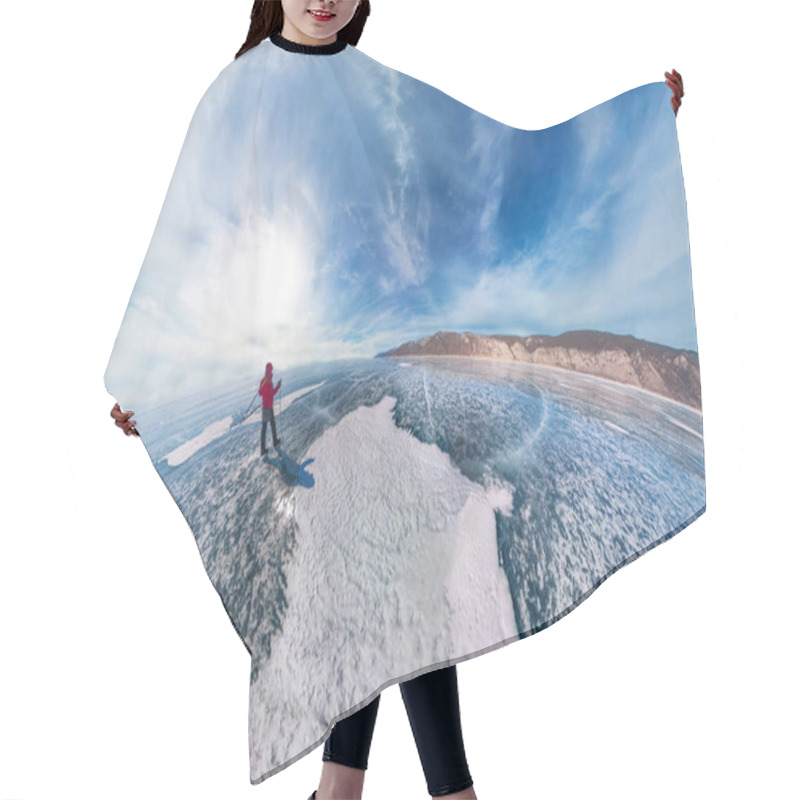 Personality  Tourist With Sleds Walks Along The Blue Ice Of Lake Baikal. Wide-angle Panorama Hair Cutting Cape