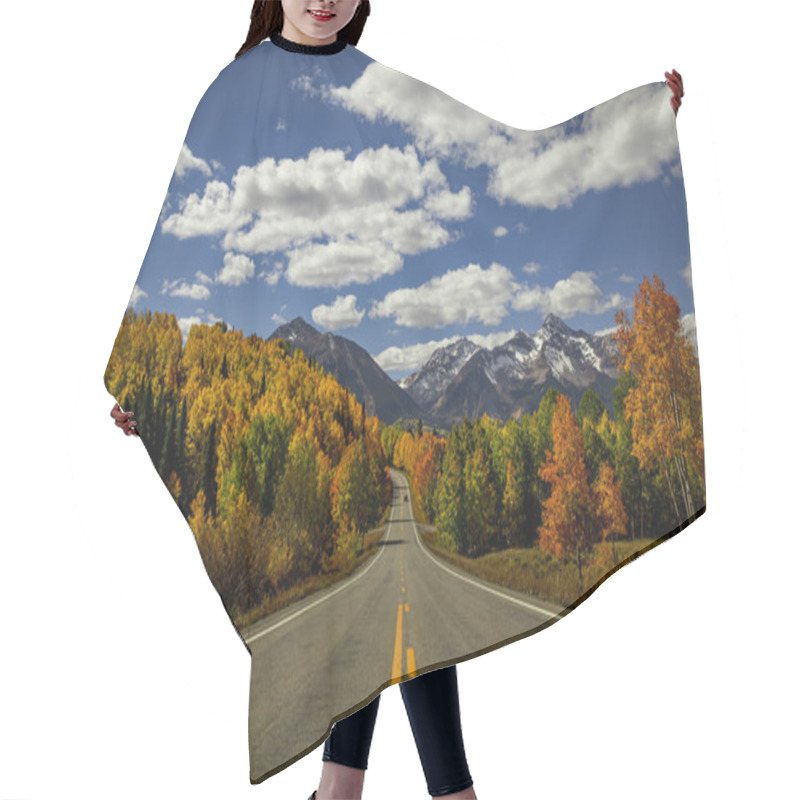 Personality  Sunny Blue Sky With White Puffy Clouds Autumn Afternoon Along The San Juan Skyway Scenic Byway Near Telluride Colorado During Peak Fall Color With Yellow Aspen Tree And Snow Covered Peaks In The Distance Hair Cutting Cape