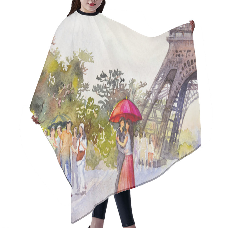 Personality  Paris European City Landscape. France, Eiffel Tower And Couple Lovers Man, Woman, Umbrella Red, Flower Garden Trees. Watercolor Painting Illustration,wedding, Valentine Day, Greeting. Hair Cutting Cape