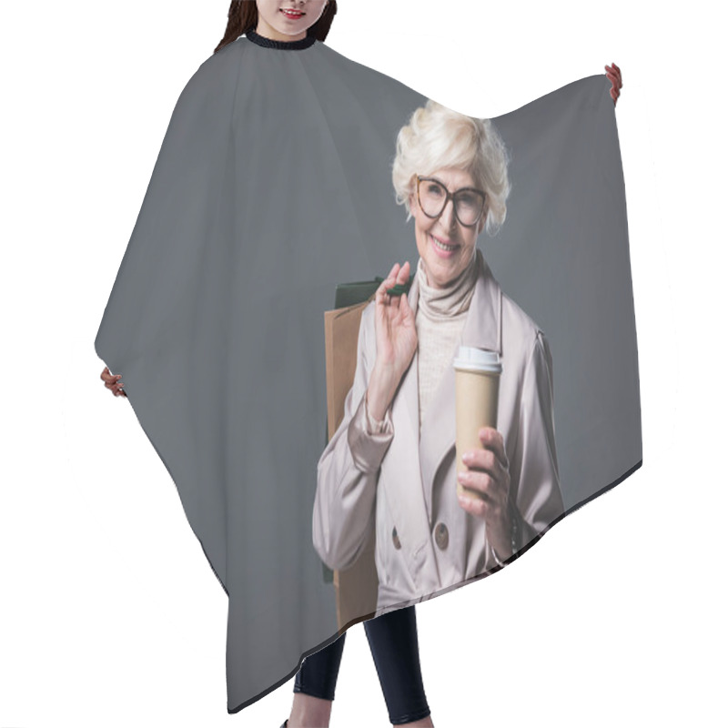 Personality  Senior Woman With Shopping Bags And Coffee Hair Cutting Cape