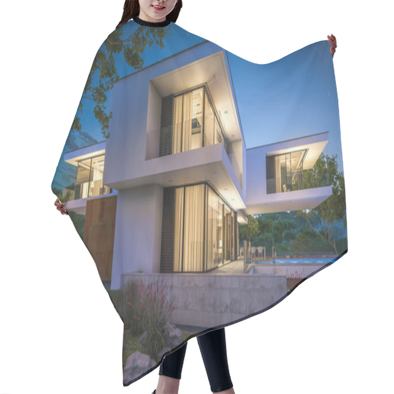 Personality  3d Rendering Of Modern House By The River At Night Hair Cutting Cape