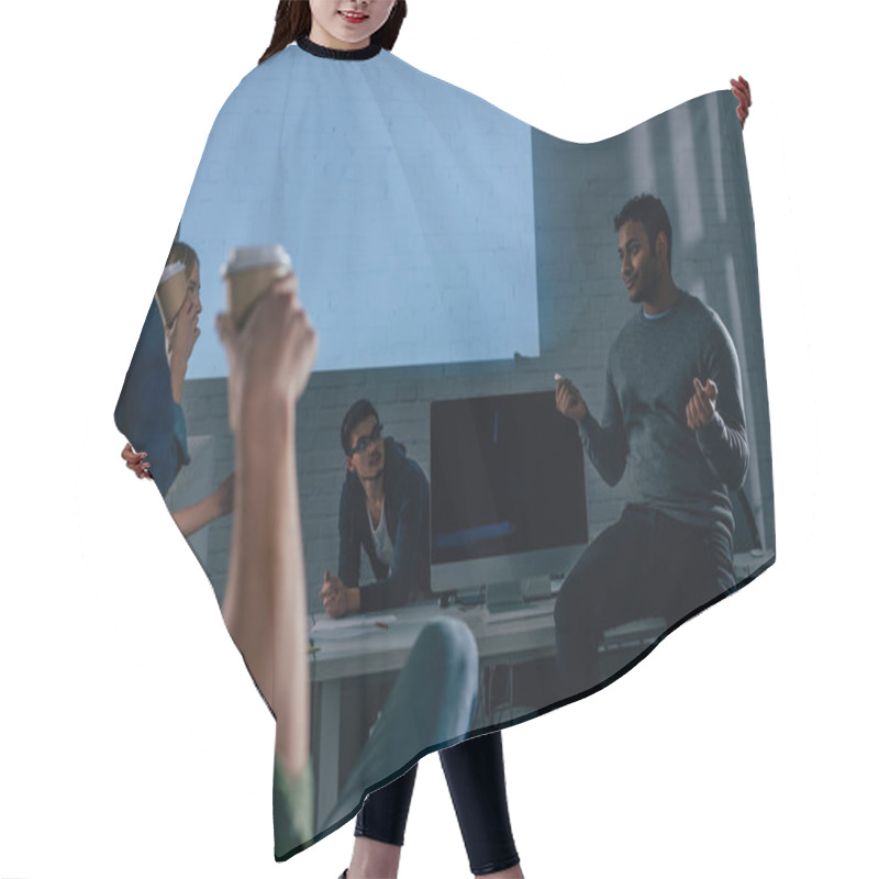 Personality  Cropped Image Of People In Office At Nighttime With Coffee Cups Hair Cutting Cape