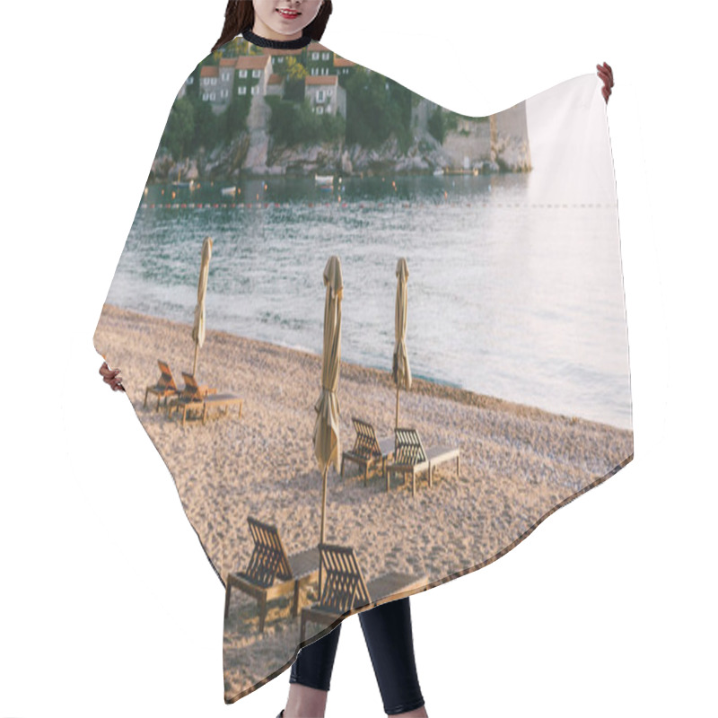 Personality  Wooden Loungers With Beach Umbrellas On A Sandy Beach In Montenegro, Near The Island Of Sveti Stefan. Hair Cutting Cape