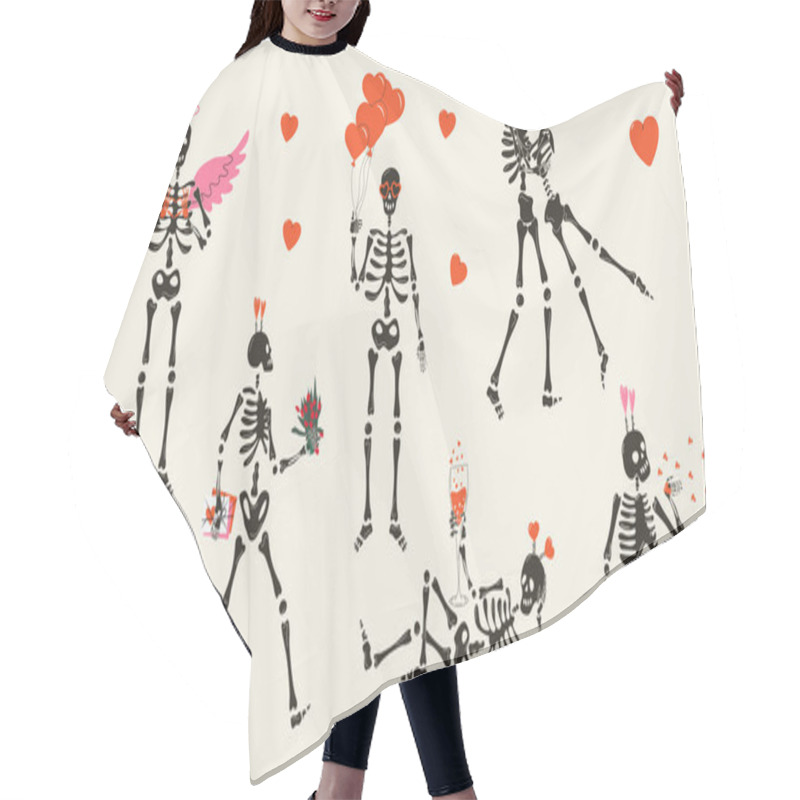 Personality  Set Of Funny Skeletons With Decor For Valentine's Day. Cute Character Skeleton Bones Hair Cutting Cape