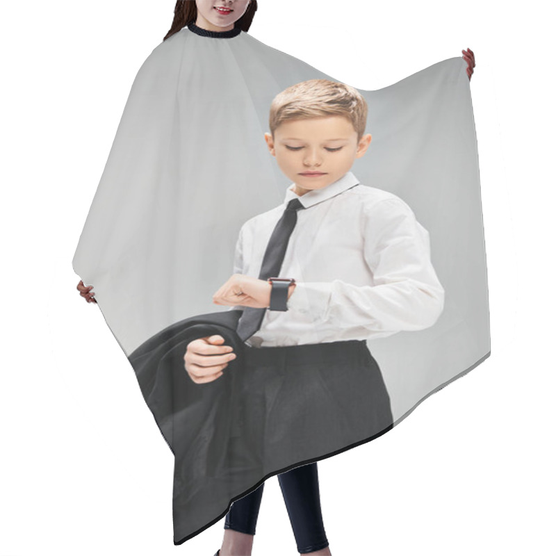 Personality  Adorable Preadolescent Boy In White Shirt And Black Tie On Gray Backdrop, Exuding Elegance. Hair Cutting Cape