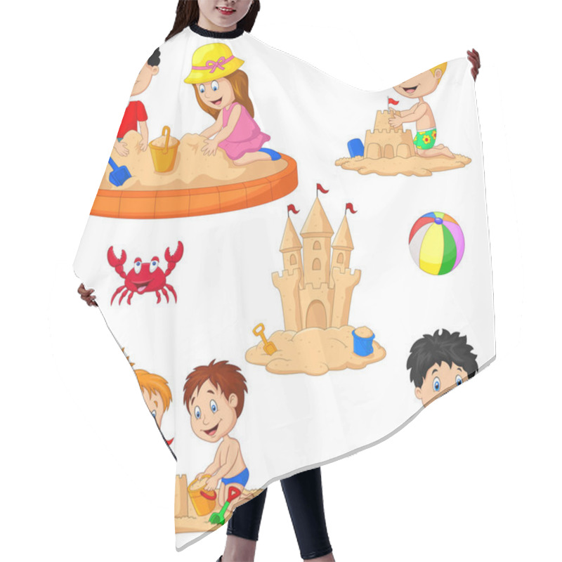 Personality  Vector Illustration Of Children Playing Sand Castle And Surfboard Hair Cutting Cape