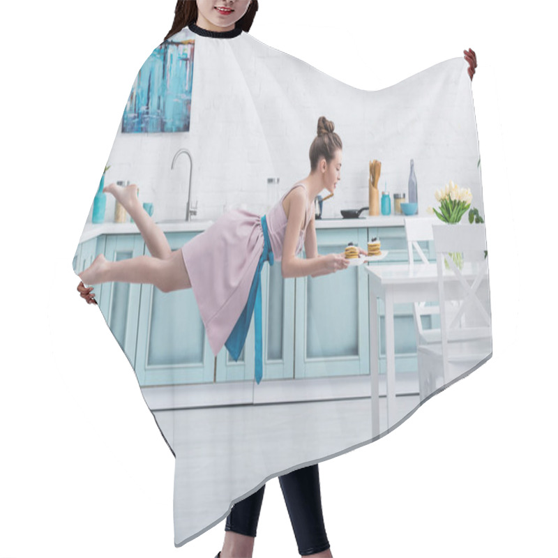 Personality  Young Smiling Barefoot Woman Flying In Air While Serving Tasty Pancakes Hair Cutting Cape