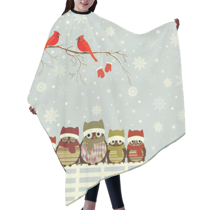 Personality  Christmas Greeting Card With Family Of Owls On Fence Hair Cutting Cape