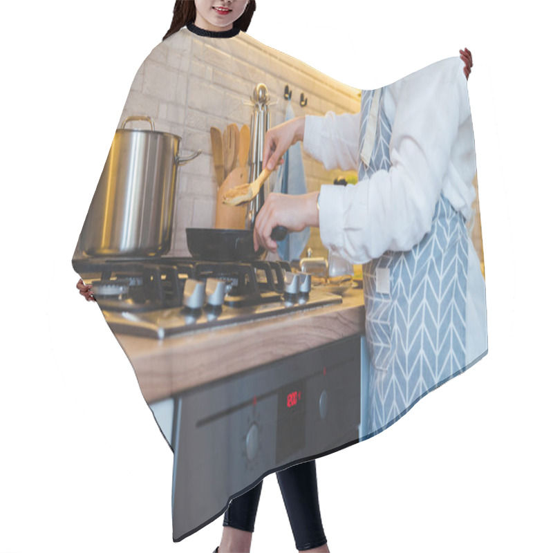 Personality  Woman Fry On Pan Kitchen View. Copy Space Hair Cutting Cape