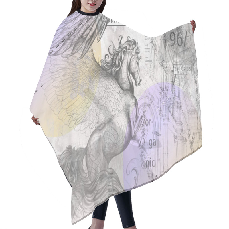 Personality  Beautiful Graphic Drawn Pegasus With Wings On A Concrete Grunge Wall. Design For Wallpaper, Photo Wallpaper, Mural, Card, Postcard. Illustration In The Loft, Classic, Modern Style. Hair Cutting Cape