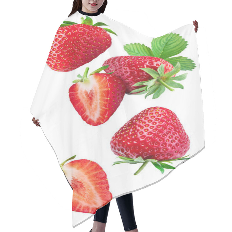 Personality  Strawberry With Strawberries Leaves And Slices Isolated On A White Background. Berries Are Flying In The Air. Clipping Path. Hair Cutting Cape