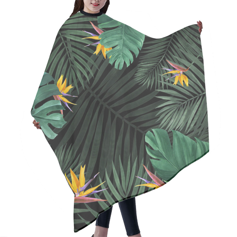 Personality  Illustration Frame Made Of Palm Leaves, Munster, Banana Tree With Exotic Flowers. You Can Use It For Your Own Design. Hair Cutting Cape