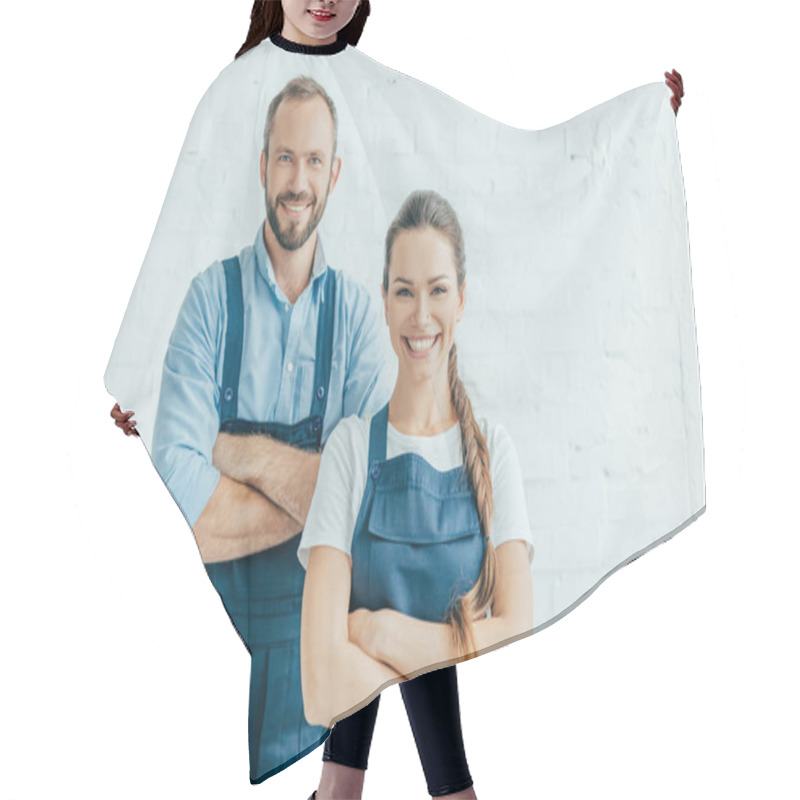 Personality  Confident Workers In Overalls Posing With Crossed Arms Hair Cutting Cape