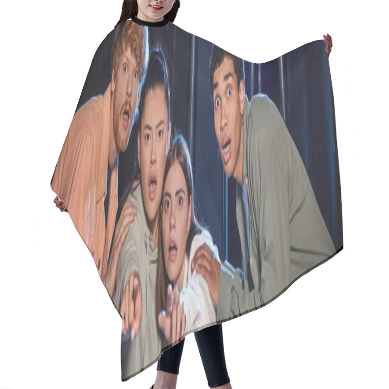 Personality  Banner Of Diverse Astonished Friends Discovering A Clue In Escape Room, Women Pointing With Finger Hair Cutting Cape