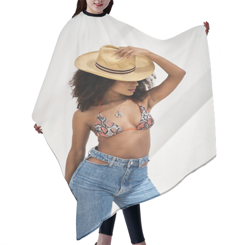 Personality  A Fashionable Young Woman Showcases Her Summer Style With A Striking Pose At The Beach. Hair Cutting Cape