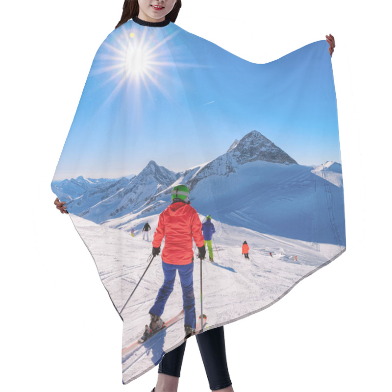 Personality  Woman Skier Skiing In Hintertux Glacier In Tyrol Of Austria Hair Cutting Cape