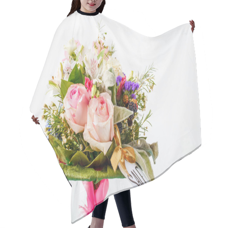 Personality  Image Of Romantic Bouquet Of Pink Roses, Lilies, Green Leaves On Blank White Background Hair Cutting Cape