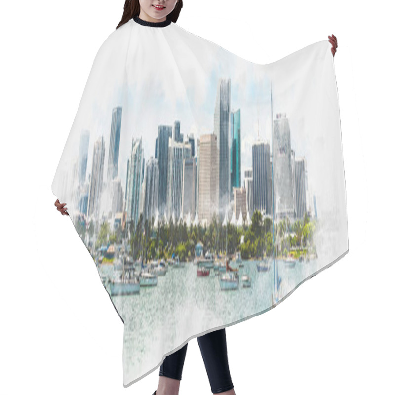 Personality  Watercolor Painting Illustration Of Miami Skyline With Yachts, Boats And Skyscrapers Hair Cutting Cape