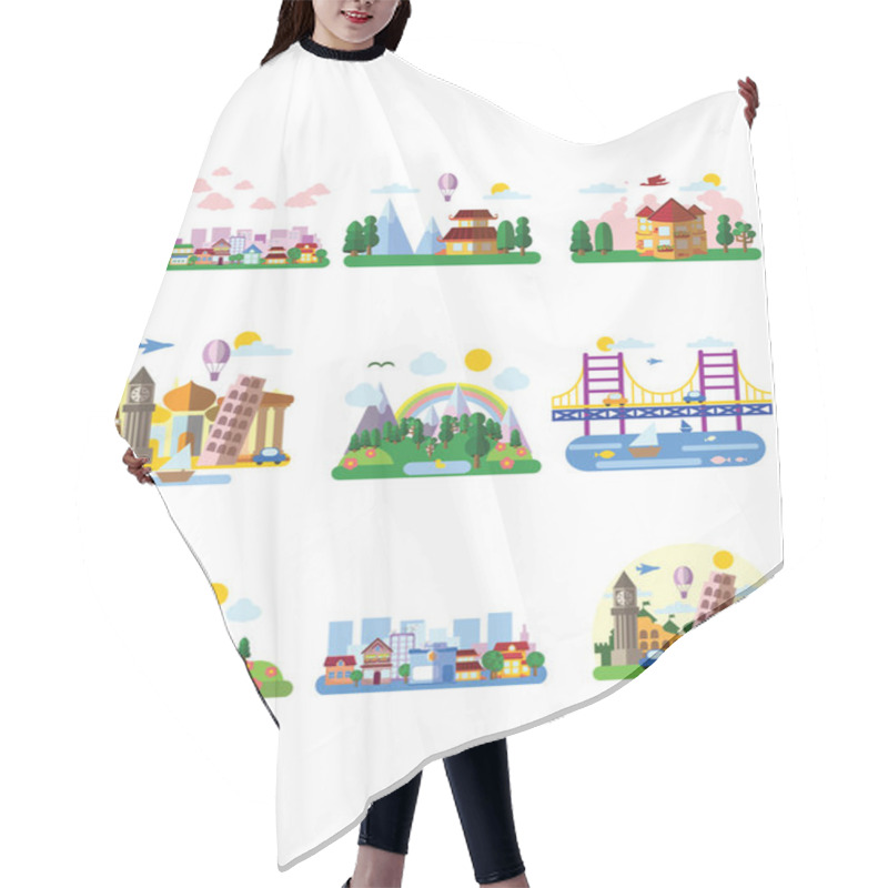 Personality  Set Of Different Landscapes In The Flat Style Hair Cutting Cape