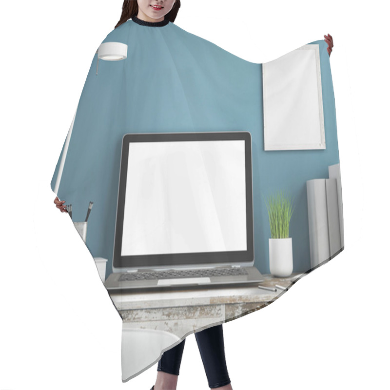 Personality  Laptop On Wooden Table, Blue Wall Painted Hair Cutting Cape