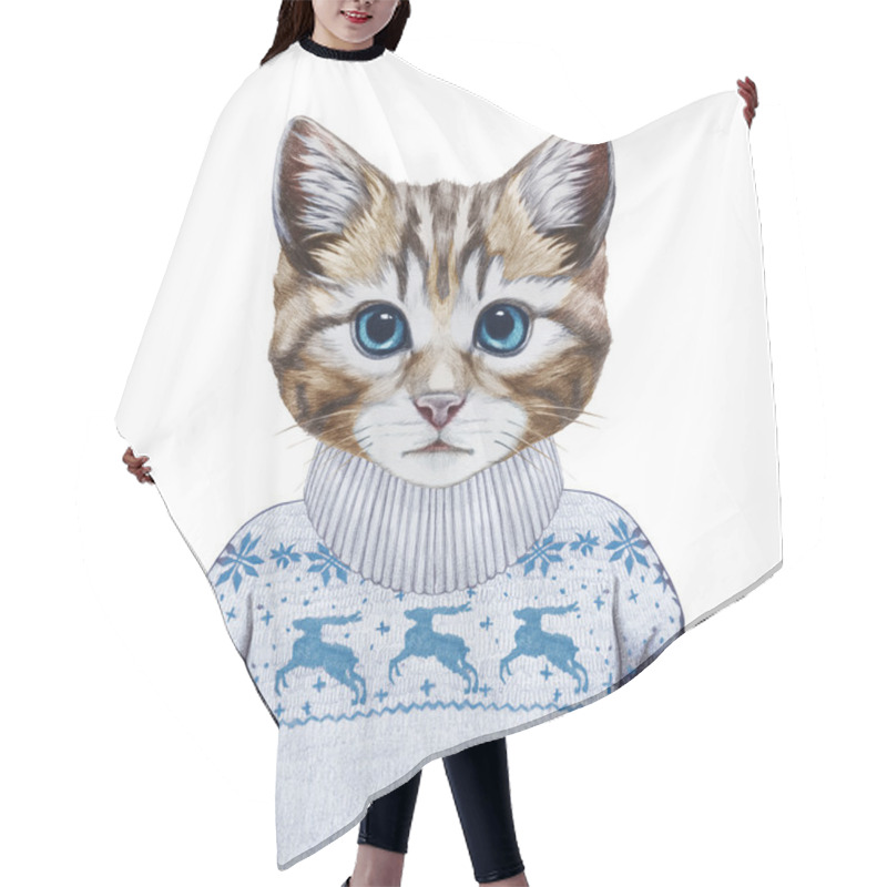 Personality   Portrait Of Kitty In Sweater.  Hair Cutting Cape