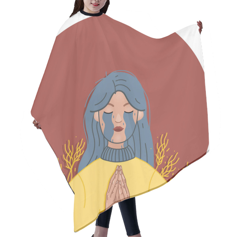 Personality  Illustration Of Crying Ukrainian Woman Praying With Closed Eyes On Red Hair Cutting Cape